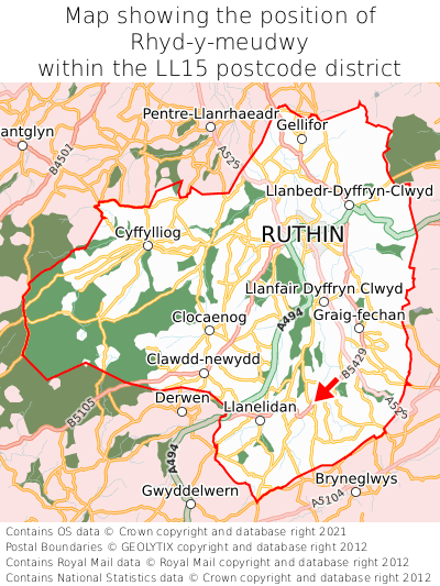 Map showing location of Rhyd-y-meudwy within LL15