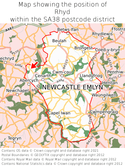 Map showing location of Rhyd within SA38