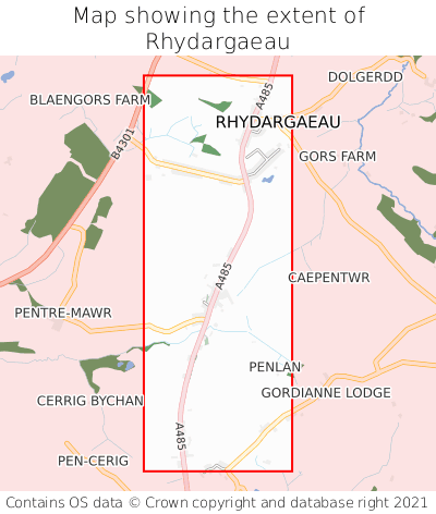 Map showing extent of Rhydargaeau as bounding box