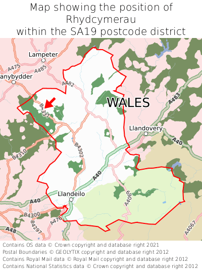 Map showing location of Rhydcymerau within SA19