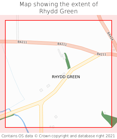 Map showing extent of Rhydd Green as bounding box
