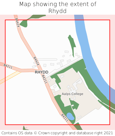 Map showing extent of Rhydd as bounding box