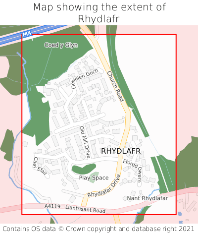 Map showing extent of Rhydlafr as bounding box
