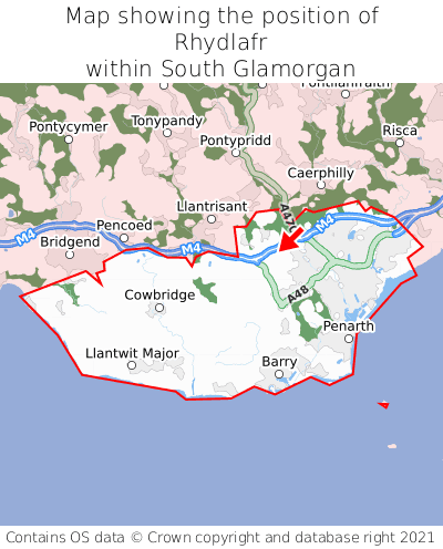 Map showing location of Rhydlafr within South Glamorgan
