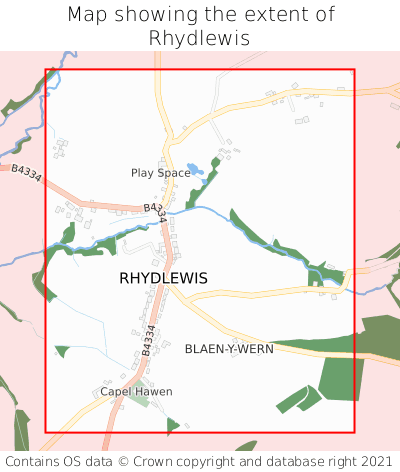 Map showing extent of Rhydlewis as bounding box