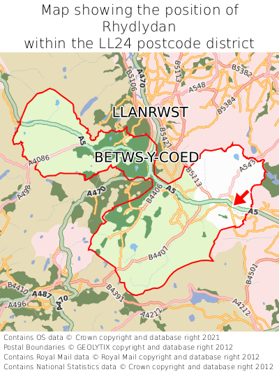 Map showing location of Rhydlydan within LL24