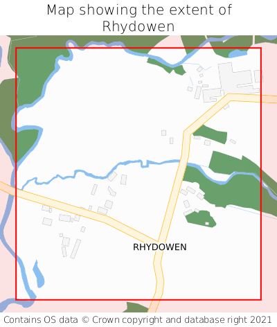 Map showing extent of Rhydowen as bounding box