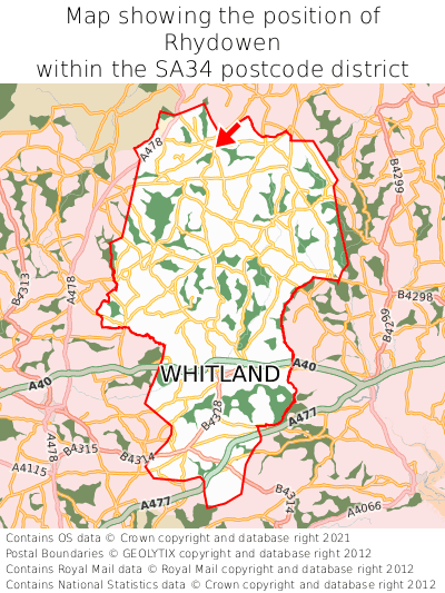 Map showing location of Rhydowen within SA34