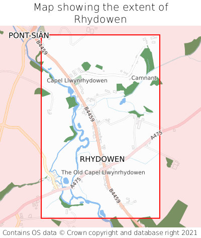 Map showing extent of Rhydowen as bounding box