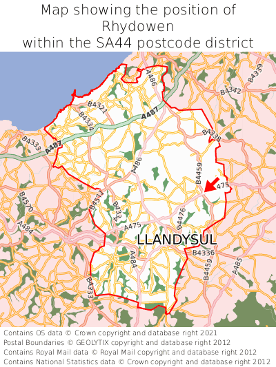 Map showing location of Rhydowen within SA44