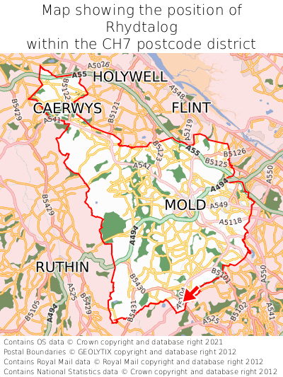 Map showing location of Rhydtalog within CH7