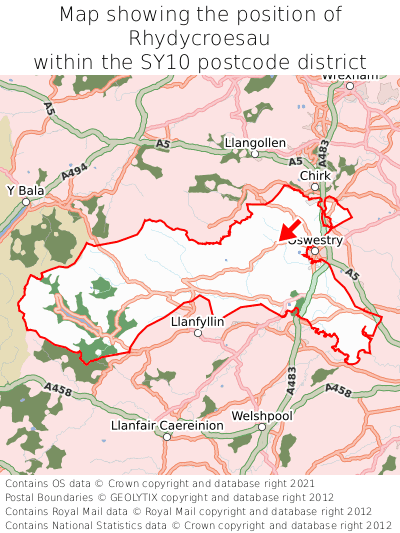 Map showing location of Rhydycroesau within SY10