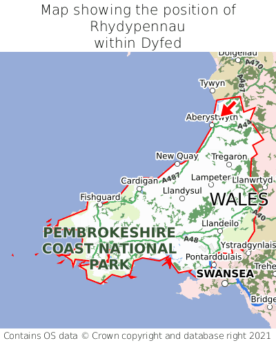 Map showing location of Rhydypennau within Dyfed