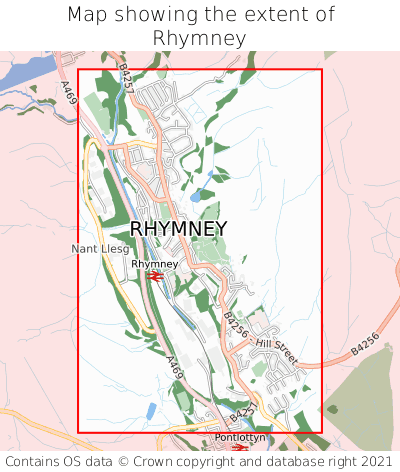 Map showing extent of Rhymney as bounding box