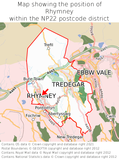 Map showing location of Rhymney within NP22