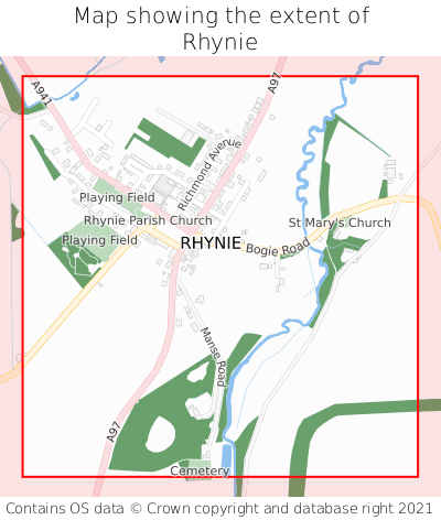 Map showing extent of Rhynie as bounding box