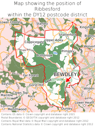 Map showing location of Ribbesford within DY12