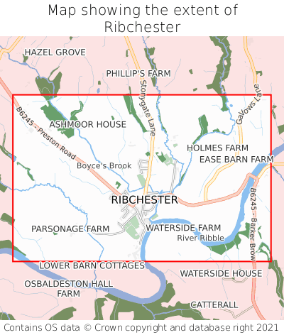 Map showing extent of Ribchester as bounding box