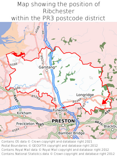 Map showing location of Ribchester within PR3