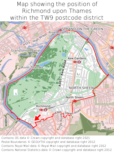 Map showing location of Richmond upon Thames within TW9