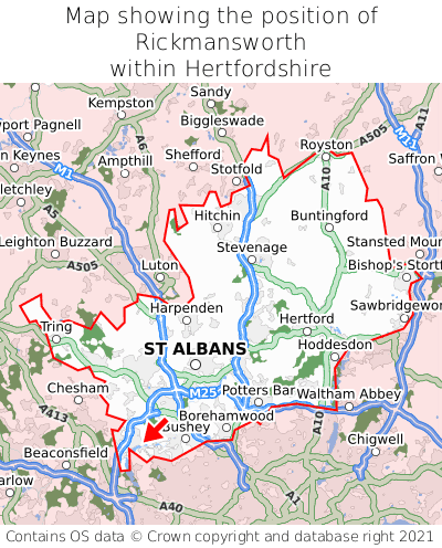 Map showing location of Rickmansworth within Hertfordshire