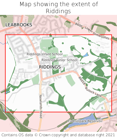 Map showing extent of Riddings as bounding box
