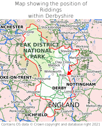 Map showing location of Riddings within Derbyshire