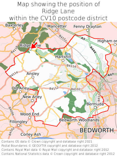 Map showing location of Ridge Lane within CV10