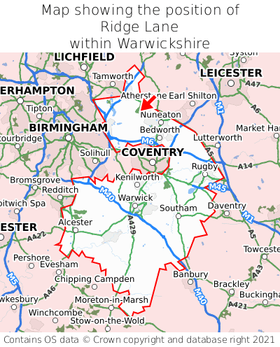 Map showing location of Ridge Lane within Warwickshire
