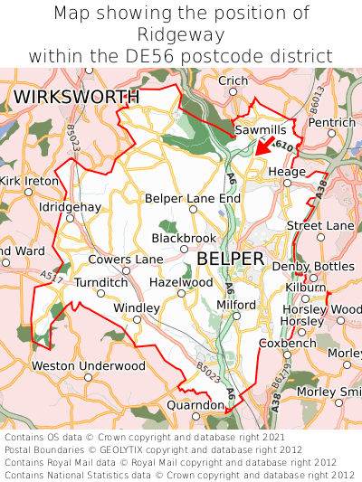 Map showing location of Ridgeway within DE56