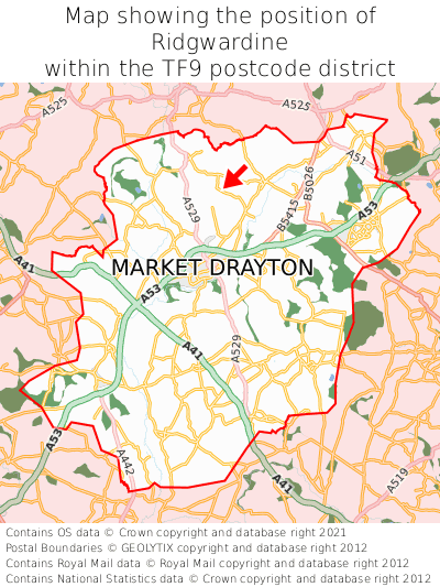 Map showing location of Ridgwardine within TF9