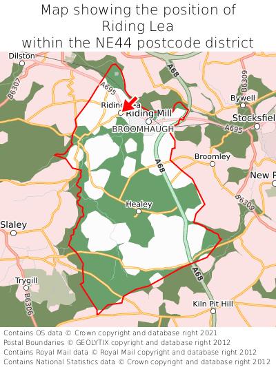 Map showing location of Riding Lea within NE44