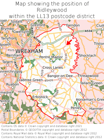 Map showing location of Ridleywood within LL13