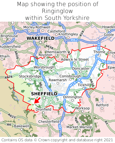 Map showing location of Ringinglow within South Yorkshire