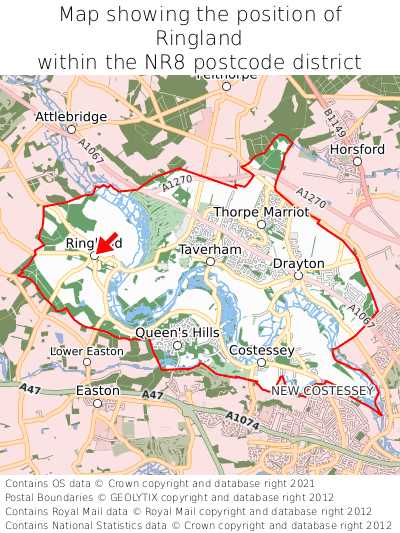 Map showing location of Ringland within NR8