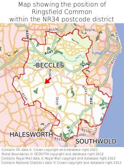 Map showing location of Ringsfield Common within NR34