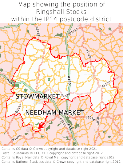 Map showing location of Ringshall Stocks within IP14