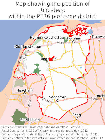Map showing location of Ringstead within PE36