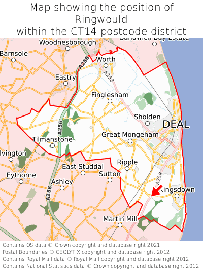 Map showing location of Ringwould within CT14