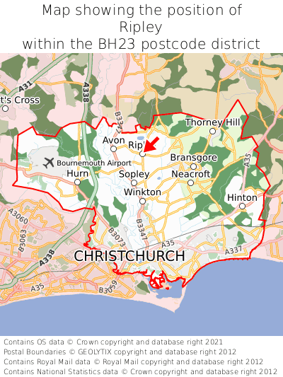 Map showing location of Ripley within BH23