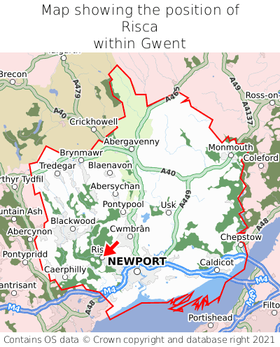 Map showing location of Risca within Gwent
