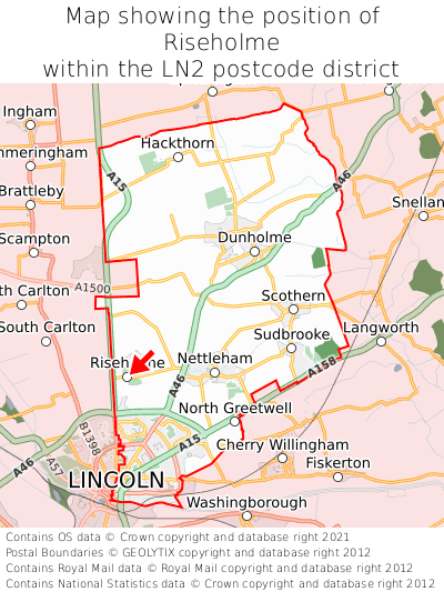 Map showing location of Riseholme within LN2