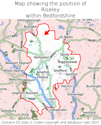 Map showing location of Riseley within Bedfordshire