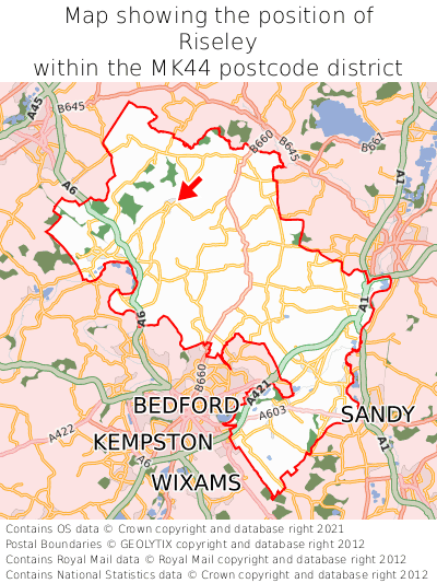 Map showing location of Riseley within MK44