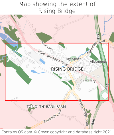Map showing extent of Rising Bridge as bounding box