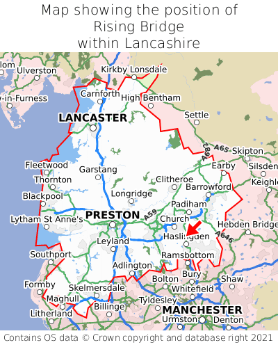 Map showing location of Rising Bridge within Lancashire