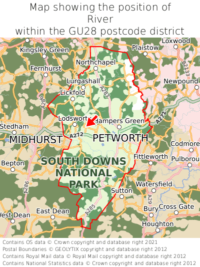Map showing location of River within GU28
