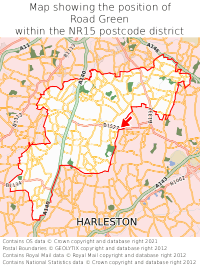 Map showing location of Road Green within NR15