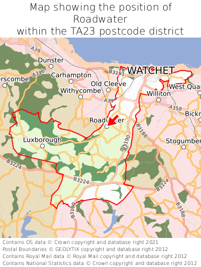 Map showing location of Roadwater within TA23