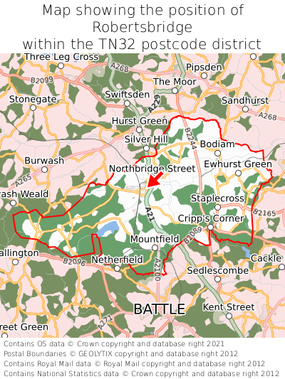 Map showing location of Robertsbridge within TN32